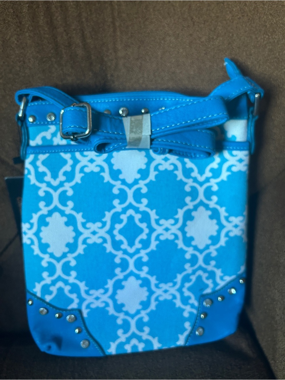 Bright Blue Patterned Crossbody Bag with Stud Accents